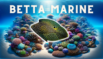 A vibrant guide for marine Betta care with a detailed illustration of a coral reef ecosystem and a spotlight on a Marine Betta fish.